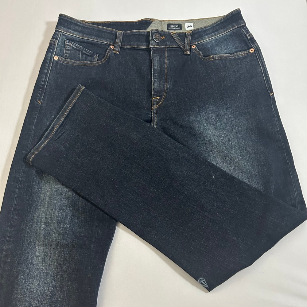 Volcom Jeans Solver Modern Straight Leg Mens 34x31 Dark Blue Stretch Denim